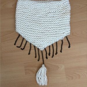 BCBG Cream Knit Infinity Scarf with Tassel and Chain Fringe